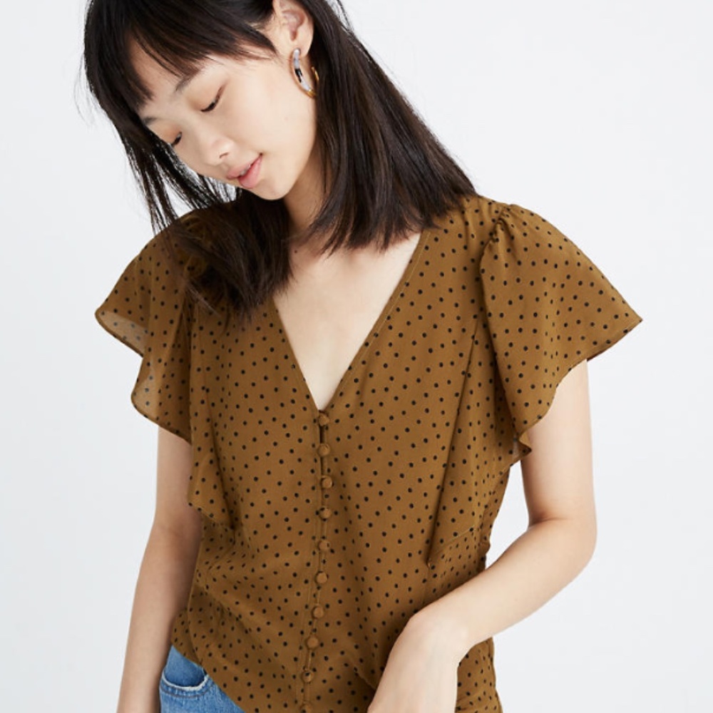 Madewell Brown Polka Dot V-Neck Flutter Sleeve Blouse